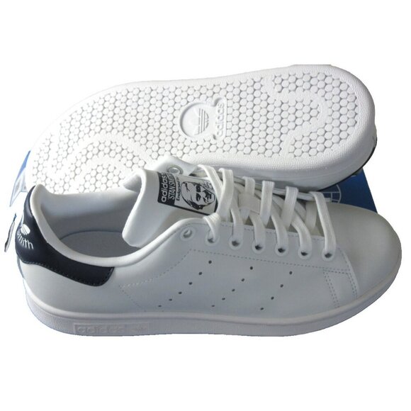Adidas Women's Stan Smith Leather Court Sneakers White Navy Blue Sizes NIB - Picture 3 of 5
